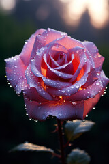 Close-up showcasing the intricate details of a dew-laden rose at dawn.