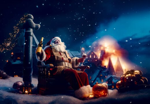 Santa clause sitting in chair with bottle of wine in his hand.