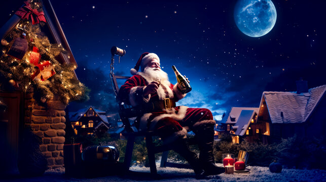 Man dressed as santa claus sitting on bench in front of christmas tree.