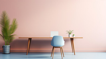 modern minimal home office table, blue chair and pink wall, copy space 
