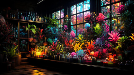 meets cyberpunk aesthetic plants grow everywhere, psychedelic neon colors meet crazy maximalism 3d generative ai