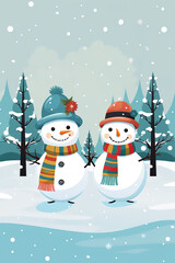 Fototapeta premium cute winter design with 2 snowman holding hands, in the style of colorful animations, candycore