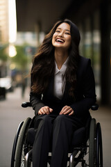 CuteJapanese modern woman, 30 years old, paraplegic in wheelchair, Tight-skirted suit and pin-heeled pumps - obrazy, fototapety, plakaty