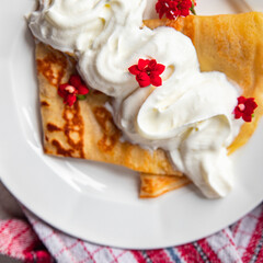 sweet crepe whipped cream pancakes portion crepes delicious dessert meal food snack on the table copy space food background rustic top view