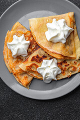 sweet crepe whipped cream pancakes portion crepes delicious dessert meal food snack on the table copy space food background rustic top view