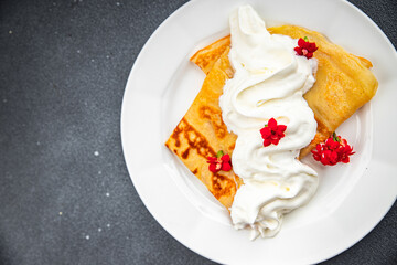 sweet crepe whipped cream pancakes portion crepes delicious dessert meal food snack on the table copy space food background rustic top view