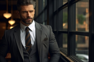 An Experts Businessman in Blacksuit, exudes confidence in the gentle office, projecting a professional ambiance. Generative AI