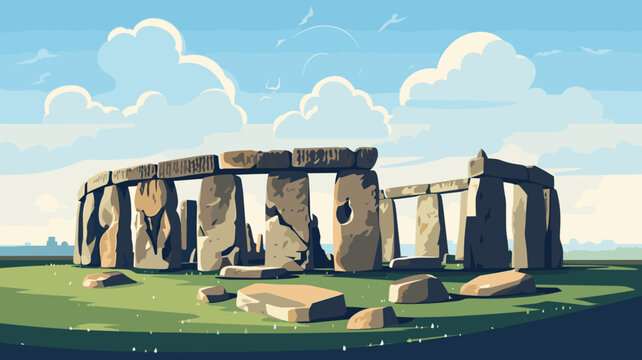 simple flat 2D illustration, simple colors, hand drawn, stonehenge. Very famous ancient. must-see monument is a powerful testament to human ingenuity, imagination and creativity. Prehistorical site. U