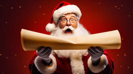 Santa clause holding piece of paper with surprised look on his face. - obrazy, fototapety, plakaty