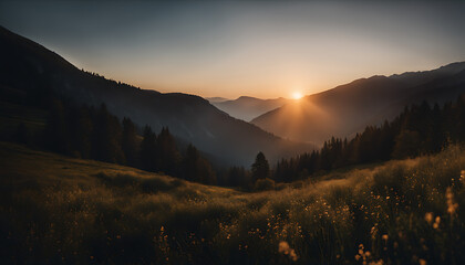 sunrise in the mountains, a field of grass.