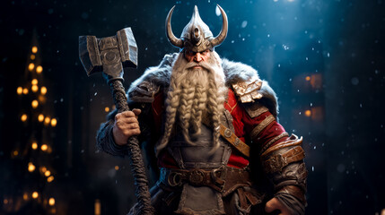 Man dressed as viking holding large axe and wearing helmet.