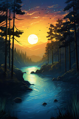 the river at sunrise with pine trees and a sunset, in the style of graphic design-inspired illustrations
