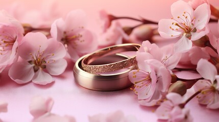  two gold wedding rings sitting on top of a pink flower.  generative ai