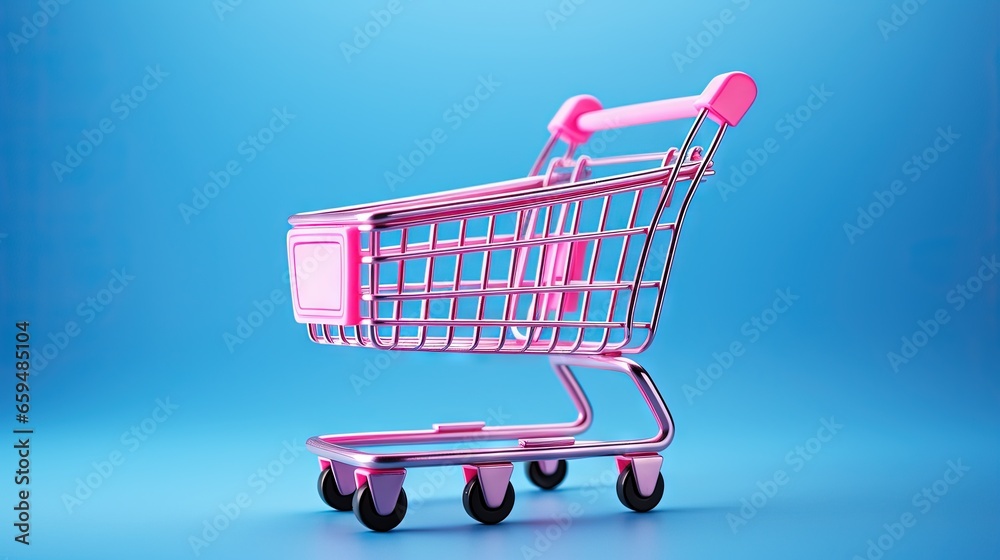 Wall mural a pink shopping cart sitting on a blue surface with a blue background. generative ai