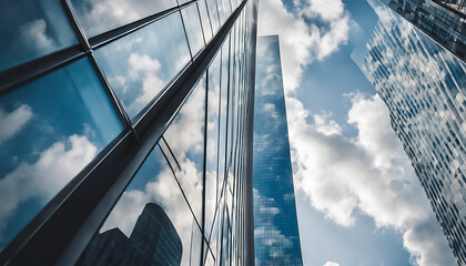 Business office buildings, skyscrapers with reflections. Low-angle photography of high-rise building glass curtain wall details.The clear sky and white clouds are reflected in the window glass - obrazy, fototapety, plakaty