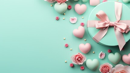  a gift box with a pink bow and pink flowers on a blue background.  generative ai
