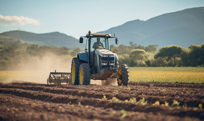 The agricultural tractor plows the field.