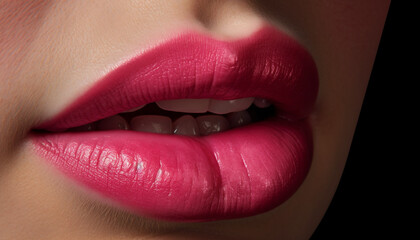Obraz premium Beautiful young woman with shiny pink lips exudes sensuality and elegance generated by AI