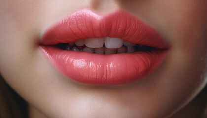 Fototapeta premium Beautiful woman with shiny, fresh lips and a toothy smile generated by AI