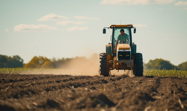 The Agricultural Tractor Plows The Field.