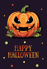 Vector vertical banner place for text, invitation, for Happy Halloween holiday, pumpkin smiling on dark purple background, confetti design elements, Halloween concept
