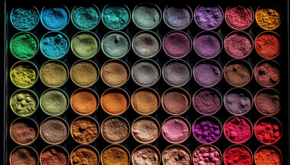 A vibrant collection of shiny eyeshadow in a rainbow pattern generated by AI