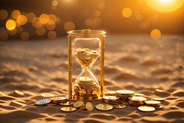 Golden coins and hour glass sand clock. ai generative