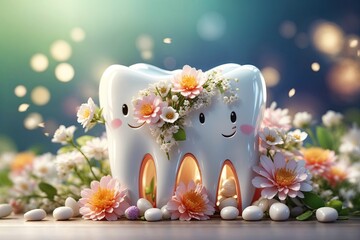 healthy tooth with flowers Tooth care concept. ai generative - Powered by Adobe