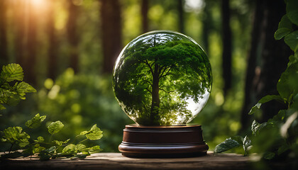 Glass globe with a border of lush forest flora, representing awareness of the environment, sustainability, ESG, and climate change 