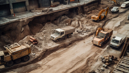 Fototapeta premium Heavy machinery working on construction site, unloading dirt and concrete generated by AI