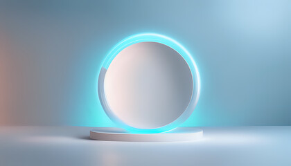 Minimalistic abstract blurry light blue background for product presentation with a circular neon glow