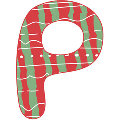 the letter P, Christmas alphabet, red and green color with white line and dot, hand drawn, isolate on white background, letters xmas illustration