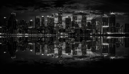 Modern city skyline reflects in waterfront at dusk, illuminating skyscrapers generated by AI