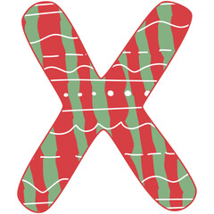 the letter X, Christmas alphabet, red and green color with white line and dot, hand drawn, isolate on white background, letters xmas illustration