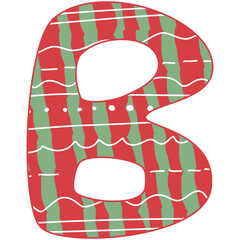 the letter B, Christmas alphabet, red and green color with white line and dot, hand drawn, isolate on white background, letters xmas illustration