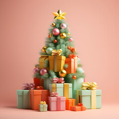 Christmas atmosphere. New Year's tree decorated with pastel balls in a golden star. There are many colorful gifts ahead. Background pastel orange