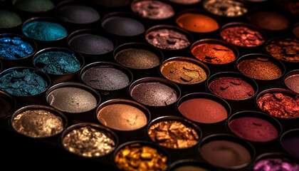 Obraz na płótnie Canvas Vibrant eyeshadow palette collection, shiny metallic shades in a row generated by AI