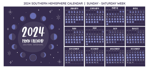 2024 Moon Calendar Southern Hemisphere. Sunday to Saturday Week - obrazy, fototapety, plakaty