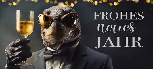Frohes neues Jahr Grußkarte mit deutschem Text – Schildkröte mit Champagnerglas während einer Feier, isoliert auf schwarzem Hintergrund - obrazy, fototapety, plakaty