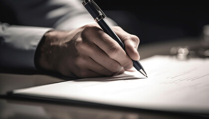 Businessman holding pen, signing contract on desk with selective focus generated by AI