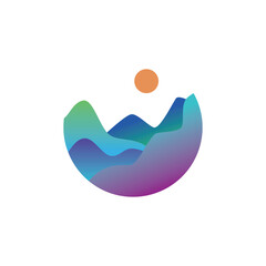 mountains logo, circle illustration and coloring vector design element