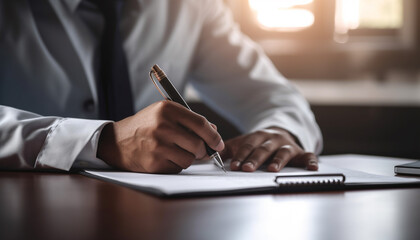 Successful businessman sitting at desk, holding pen and document generated by AI