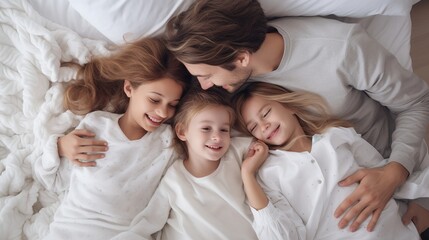 Family and love: top view, happy family teasing each other in bed, parents and children, warm white bedroom, hugs