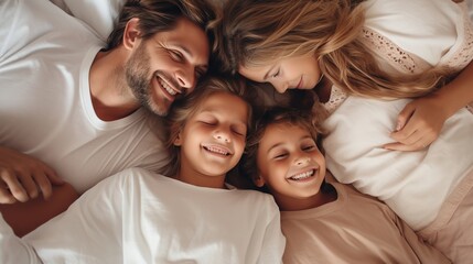 Family and love: top view, happy family teasing each other in bed, parents and children, warm white bedroom, hugs