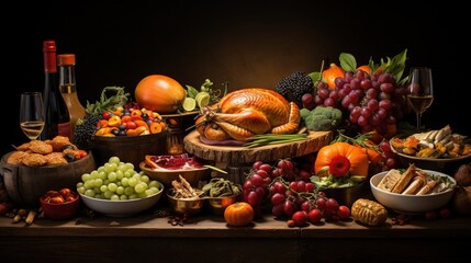 Obraz na płótnie Canvas a table topped with a turkey surrounded by different types of food. generative ai
