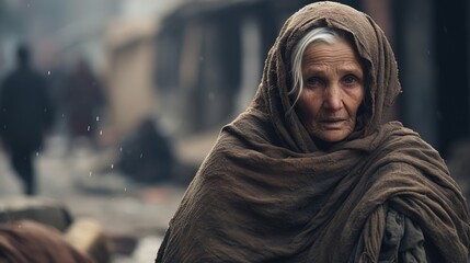 A Portrait of an old Islamic woman standing and hugging a worn blanket, lonely old woman, sad face, crying, dirty clothes, deserted city background - obrazy, fototapety, plakaty