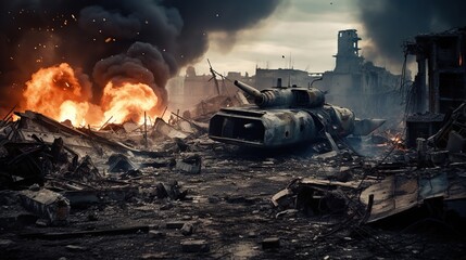 damaged tanks from battle, explosions, fires, deserted city backgrounds