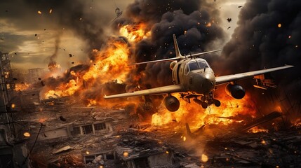  Battle: Battle damaged planes, explosions, fires, deserted city backgrounds 