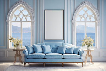 Bright living room with blue couch, pillows, white flowers and mock up frame on the wall.
