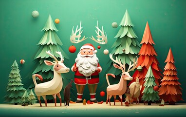 Obraz premium christmas background picture of christmas animals, reindeer and santa with a red christmas tree Generative AI